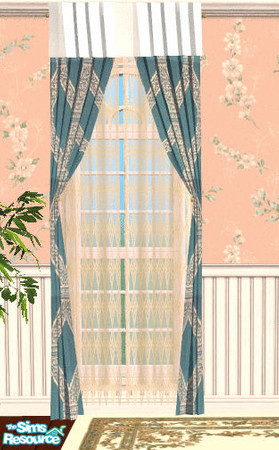 Sims 2 — Snow Livingroom Set Curtains by lisa9999 — Ice blue print curtains with white valance.