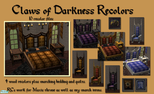 Sims 2 — Claws of Darkness Recolors by Simaddict99 — 4 wood texture recolors plus matching bedding and quilts. Wood