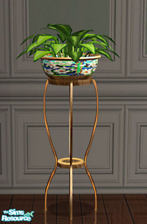 Sims 2 — Teal Dining Planter by lisa9999 — A tall brass and china planter with a teal floral pattern. 