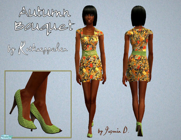 Sims 2 — Autumn Bouquet by Rotkaeppchen — A short dress with an autumnal texture and a green belt.