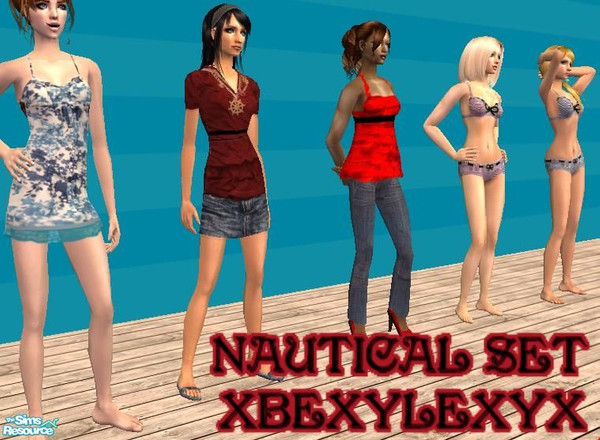 Sims 2 — Adult Female Nautical Fashion Set by xbexylexyx — 2 MESHES REQUIRED: SEE BELOW. Get your sim ladies ready for