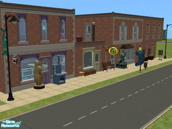 Sims 2 — Main Street 4 by berkyo26 — The next block of Main off of Maple has a Pet Shop, Cafe, Antique Store and the Curb