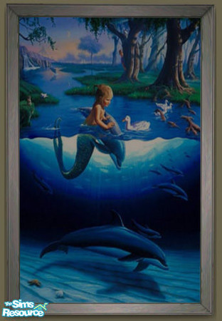 Sims 2 — 10 Jim Warren paintings - Lil Mermaid by Synerje — Painting of a little mermaid with dolphins. Based on Base
