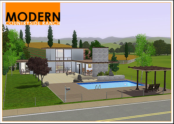 Sims 3 — Modern Countryside Ranch by Leomo — This Modern Countryside Ranch has a lovely big garden with a swimming pool