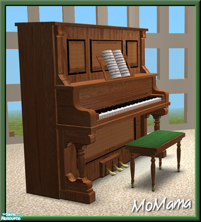 Sims 2 — NK Wood Pianos - Honey Oak by MoMama — An upright piano in Honey Oak with a green seat.
