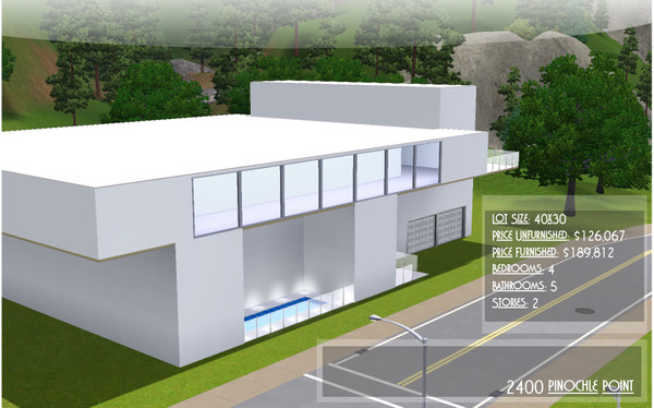 Sims 3 —  Modern Villa 2009 by gfxmatt — 2400 Pinochle Point, Modern Home. Lot Size : 30 x 40. Double Garage. 5 Bathrooms