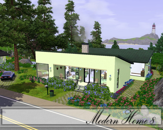 Sims 3 — Modern Home 8 by TSR Archive — This home in light green has 3 bedrooms and 2 bathrooms. Kitchen, dining and