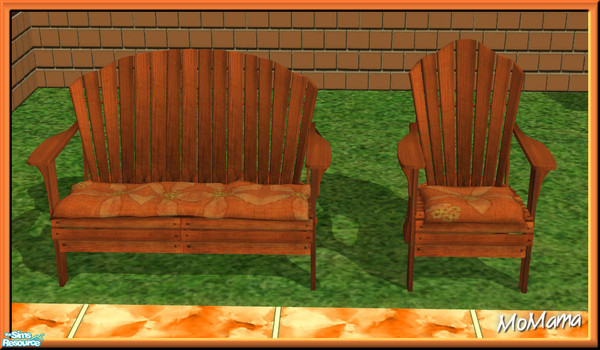 Sims 2 — NK Sunrise Swimming - Sofa by MoMama — A sofa and loveseat in an orange wood with orange daisy cushions.