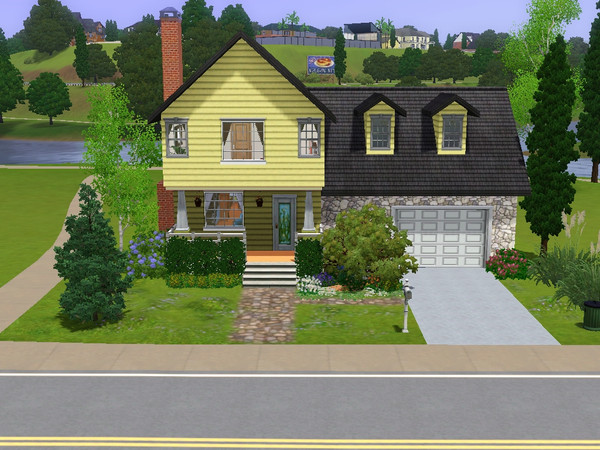 Sims 3 — Yellow Bungalow by srwalker — This cozy little bunglow has 3 bedrooms and 2 baths, a small fish pond in the back