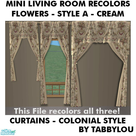 Sims 2 — TL - Mini Living-FlowersStyleA-Cream Curtains by TabbyLou — Floor-Length Tieback Curtains in Flowers (Style A)