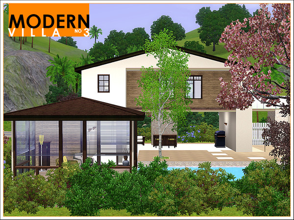 Sims 3 — Modern Villa 3 by Leomo — This Modern Villa is surrounded by beautiful trees and flowers. There is a open plan