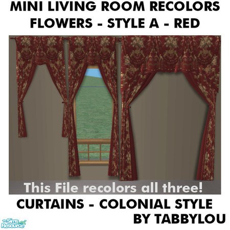 Sims 2 — TL - Mini Living-FlowersStyleA-Red Curtains by TabbyLou — Floor-Length Tieback Curtains in Flowers (Style A)