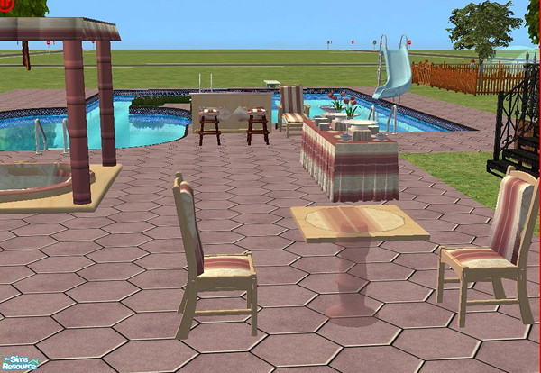 Sims 2 — Canterbury Outdoor - rosey by ead425 — This set contains lounger, chair, outside dining table, hot tub, bar,