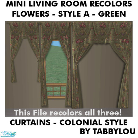 Sims 2 — TL - Mini Living-FlowersStyleA-Green Curtains by TabbyLou — Floor-Length Tieback Curtains in Flowers (Style A)
