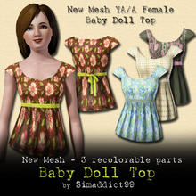 Sims 3 — New Mesh - BabyDoll Top YA/A F by Simaddict99 — Baby doll style top. Comes with 4 style presets as shown. 3