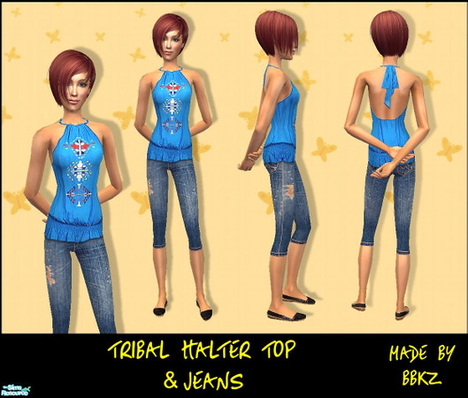 Sims 2 — Tribal Halter Top & Jeans by BBKZ — No mesh needed. No EP required. Enjoy! :-)