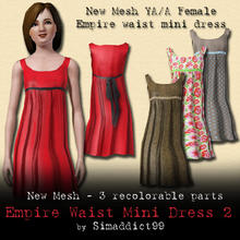 Sims 3 — New Mesh - Empire Waist Dress YA/A by Simaddict99 — T-shirt style, empire waist mini dress with back tie for