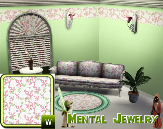 Sims 3 — Pastel floral design by mentaljewelry — Soft grey fabric with pink flowers and pale green leaves.
