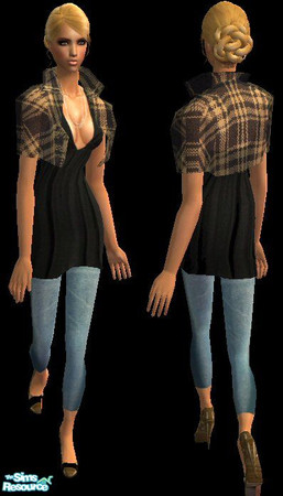 Sims 2 — Night & Day Classic by soobooloo — Plaid shrug over a black dress and denim capris. Features a double