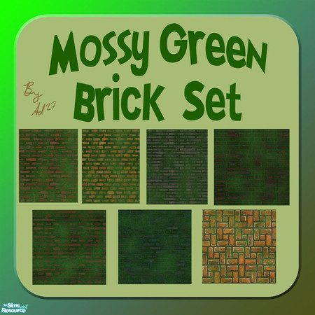 Sims 2 — Mossy Green Brick Set by ad27 — A set of brick walls and floors covered in a mysterious moss or green