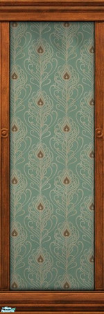 Sims 2 — Dark Wood Frame with Lively Wallpaper by MsBarrows — Cream and brown Art Nouveau feathers printed on a pale