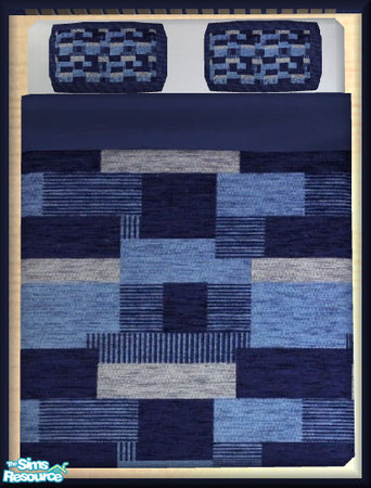 Sims 2 — NK Mango Aloa BR - Bedding by MoMama — A blue patchwork quilt with matching pillows makes this a comfy set of