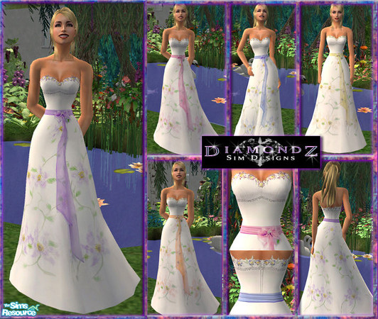 Sims 2 — Floral Prom Dresses by diamondz1981 — Long white strapless dresses with a floral design on the skirt. There is a