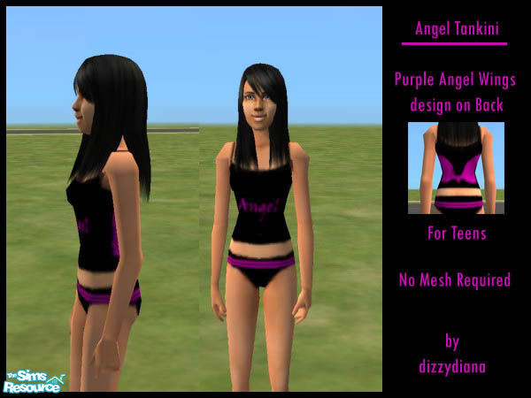 Sims 2 — Black/Purple Angel Wings PJs for Teens by dizzydiana — A black tankini with purple angel wings motif on the back