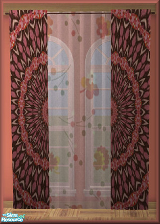 Sims 2 — NK TC52 Farlu BR - Curtains by MoMama — Brown and pink fabric comes together in a circular design with a sheer