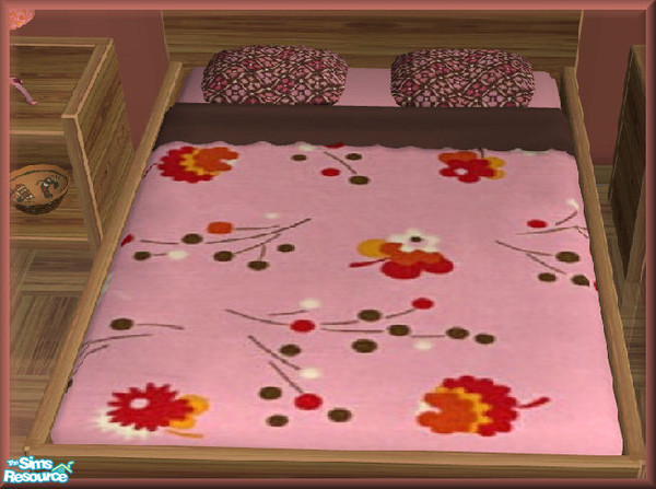 Sims 2 — NK TC52 Farlu BR - Bedding by MoMama — A pink mattress is topped by a pink flowered quilt and a brown sheet. The