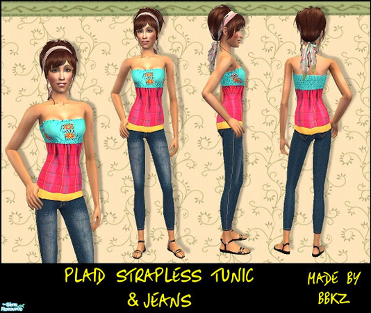 Sims 2 — Plaid Strapless Tunic & Jeans by BBKZ — No mesh needed. No EP required. Enjoy! :-)