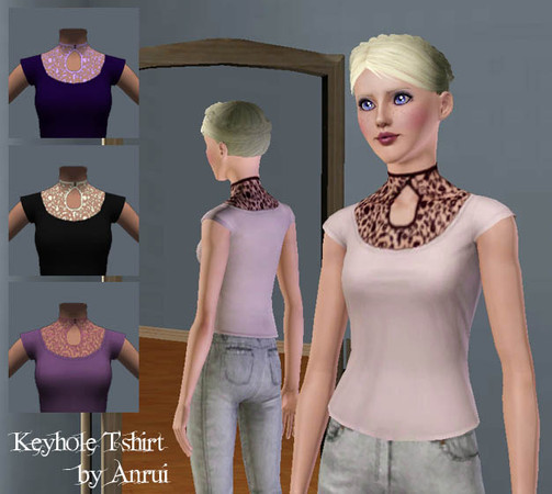 Sims 3 — Keyhole Tshirt by Anrui — A lace keyhole shirt, with shiny black buttons layered under a plain, scoop necked