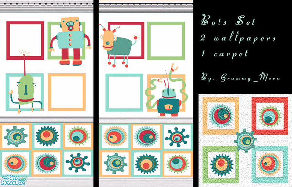 Sims 2 — Bots Wall & Floor Set by Grammy_Moon — Quirky robots featured on 2 walls with a matching carpet.