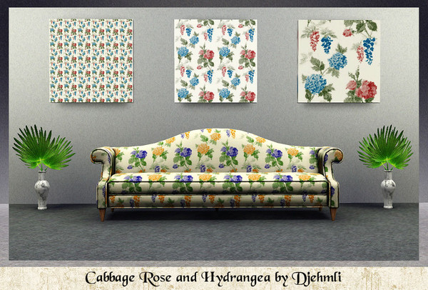 Sims 3 — Djem_Cabbage Rose and Hydrangea by djehmli — An all over pattern with Cabbage Rose, Hydrangea and Wisteria. Four