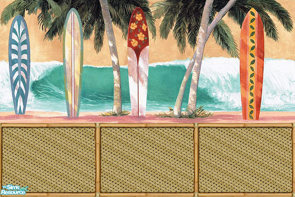 Sims 2 — Surfs Up Wallpaper Set by Grammy_Moon — A surfing themed wallpaper mural with bamboo wainscoted paneling. This