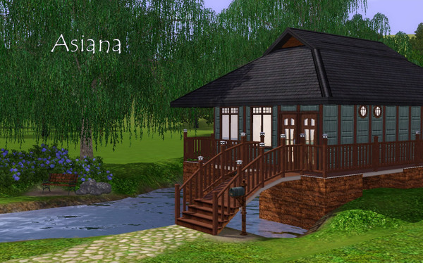 Sims 3 — Asiana by canuckdiva — An inexpensive micro home with Asian influence featuring a very unique half-curved bridge