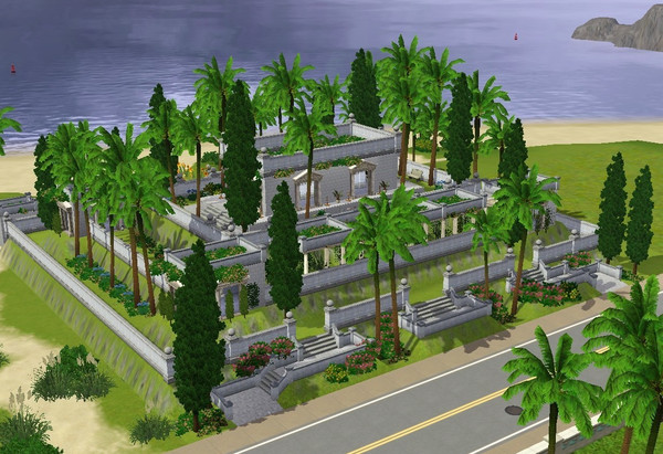 Sims 3 — Alexandria Hanging Gardens by daisylee — Built for 455 Sunnyside. Chess, bathroom, drinks, on the beach. Come