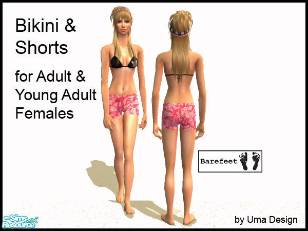 Sims 2 — Barefeet Pink Shorts for Females by Uma Design — Hurley bikini top and shorts for adult and young adult females.