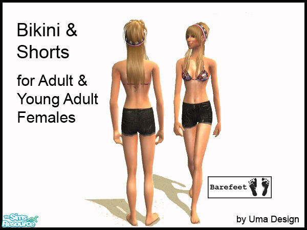Sims 2 — Barefeet Black Denim Shorts for Females by Uma Design — Lost bikini top and H81 shorts for adult and young adult