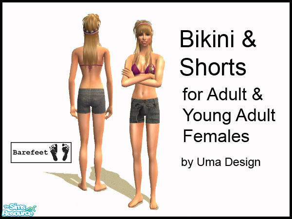 Sims 2 — Barefeet Bowtie Shorts for Females by Uma Design — Sara Matthews bikini top and Forever 21 shorts for adult and