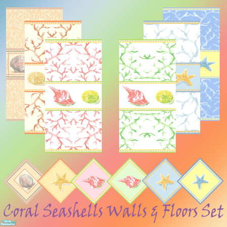 Sims 2 — Coral Seashells Walls & Floors Set by Sheera — This set includes 12 items : 6 walls and their 6 matching