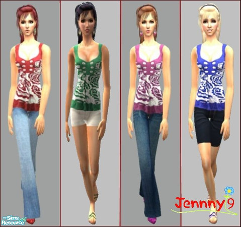 Sims 2 — Print Button Tank Tops  by Jennny9 — 4 outfits with the same top in 4 different colours - pink, green, blue and