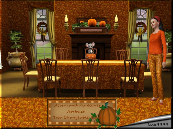 Sims 3 — Acorns and Pine Cones. by lisa9999 — a fall fabric of acorn, pincones, and wheat. Two chnageable colores.