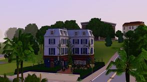 Sims 3 — Le Rose Bleu Fonce' by DragonQueen — Before the town was so populous, Chef Pierre didn't even have a sign on his