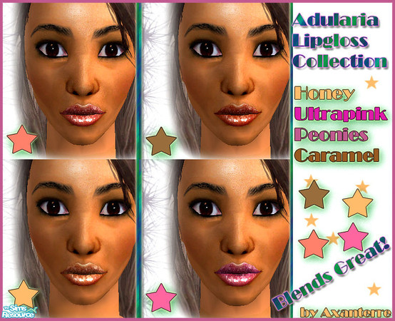 Sims 2 — Adularia Lipgloss Collection  by Axanterre — 4 glossy and sparkly lipglosses! This collection includes :