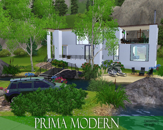 Sims 3 — Prima Modern by TSR Archive — A modern house with a lovely front garden. A bridge leeds to the house and in