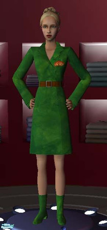 Sims 2 — Green Coat Dress w/ Pumpkins by Rhania — Coat Dress from Seasons recolored green with pumpkin patch on shoulder.