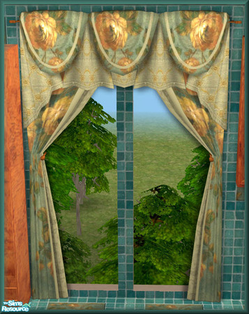 Sims 2 — NK TC49 PMS Kitchen  - Curtain by MoMama — A curtain of green and gold fabric topped with a floral pattern.