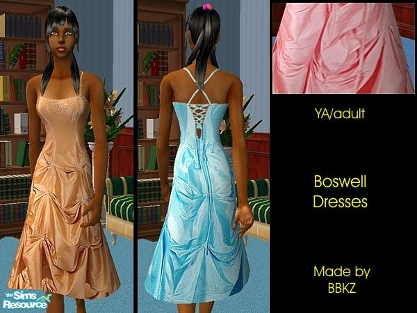Sims 2 — Boswell Dresses by BBKZ — Beautiful raised satin dresses for YA and adults. Be glamourous at each parties!!...