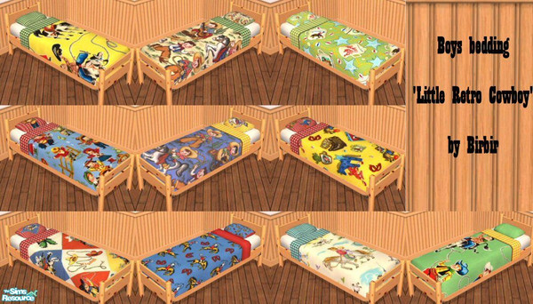 Sims 2 — Boys Bedding 'Little Retro Cowboy' by Birbir — Ten beddings with retro cowboy prints.